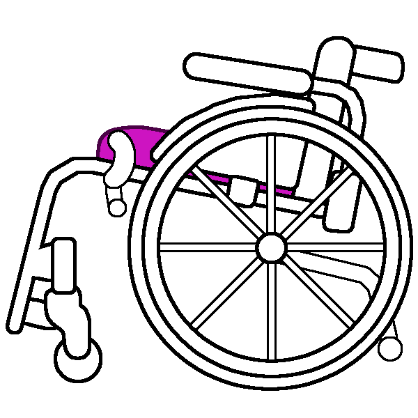 A black and white rigid wheelchair in profile with a bright pink wheel cushion.